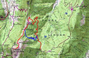 Plan de la balade à la  Galoppaz. En rouge, la montée par le chalet. En bleu, variante du col de la Buffaz jusqu'à la piste.