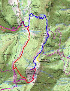 Plan de la balade à la Galoppaz. En rouge, la montée par le col de Servenne. En bleu, retour par le col de la Buffaz.