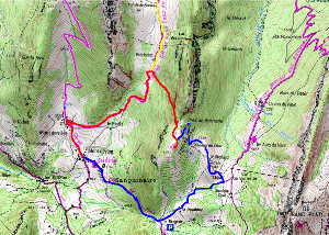 Plan du circuit du Cret du Char. En rouge, le montée. En bleu, la descente par le col de Bornette.
