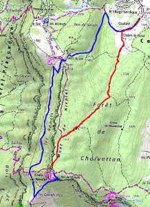 Plan de la rando à la croix du Nivolet. En rouge, par le sentier classique. En bleu, retour par le sentier sous la falaise.