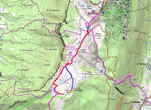 Plan de la balade dans l'alpage du Semnoz. En rouge, jusqu'au Crêt de l'Aigle et en bleu, retour sur le chemin.