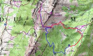 Plan de la rando. En rouge, la montée par la Fullie. En bleu, le retour par la piste forestière / d'alpage.