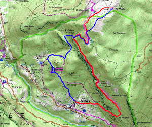 Plan de la rando au Semnoz depuis Allèves. En rouge, montée par la Figlia. En bleu, retour via les Tours Saint Jacques.