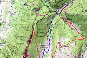 Plan de la rando à l'Arclusaz. En rouge, montée par le chalet Bottier. En bleu, descente vers Bellevaux. Partie nord.