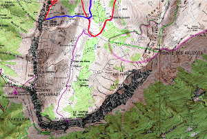 Plan de la rando à l'Arclusaz. En rouge, montée par le chalet Bottier. En bleu, descente vers Bellevaux. Partie sud.
