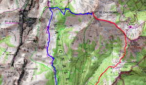 Plan sud de la rando à Chaurionde. En rouge, montée par le Haut du Four et retour en bleu par Orgeval.