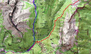 Plan sud de la rando à Chaurionde. En rouge, montée par le Haut du Four et retour en bleu par Orgeval.