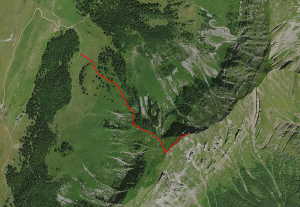 Photo aérienne de la rando au Grand Parra. En rouge, montée finale entre 1450 et 2000m.