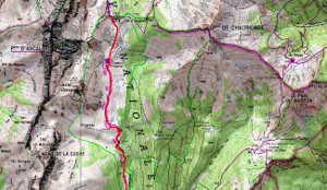Plan nord de la rando à l'alpage et col d'Orgeval. En rouge, montée en AR par le GR de Pays des Bauges.