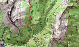 Plan sud de la rando à l'alpage et col d'Orgeval. En rouge, montée en AR par le GR de Pays des Bauges.