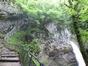 Escalier, à raz de falaise, pour monter au sommet de la cascade.