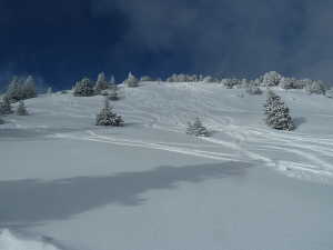 Champ de poudreuse au stade de neige de Margériaz.