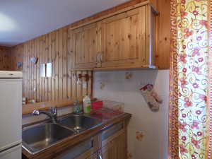 Gite 81103. L'évier inox avec douchette sur le meuble assorti.