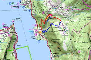 Plan du circuit. En rouge, la montée jusqu'au Mouilles (860m), en bleu, le retour. En jaune, aller-retour aux cascades d'Angon.